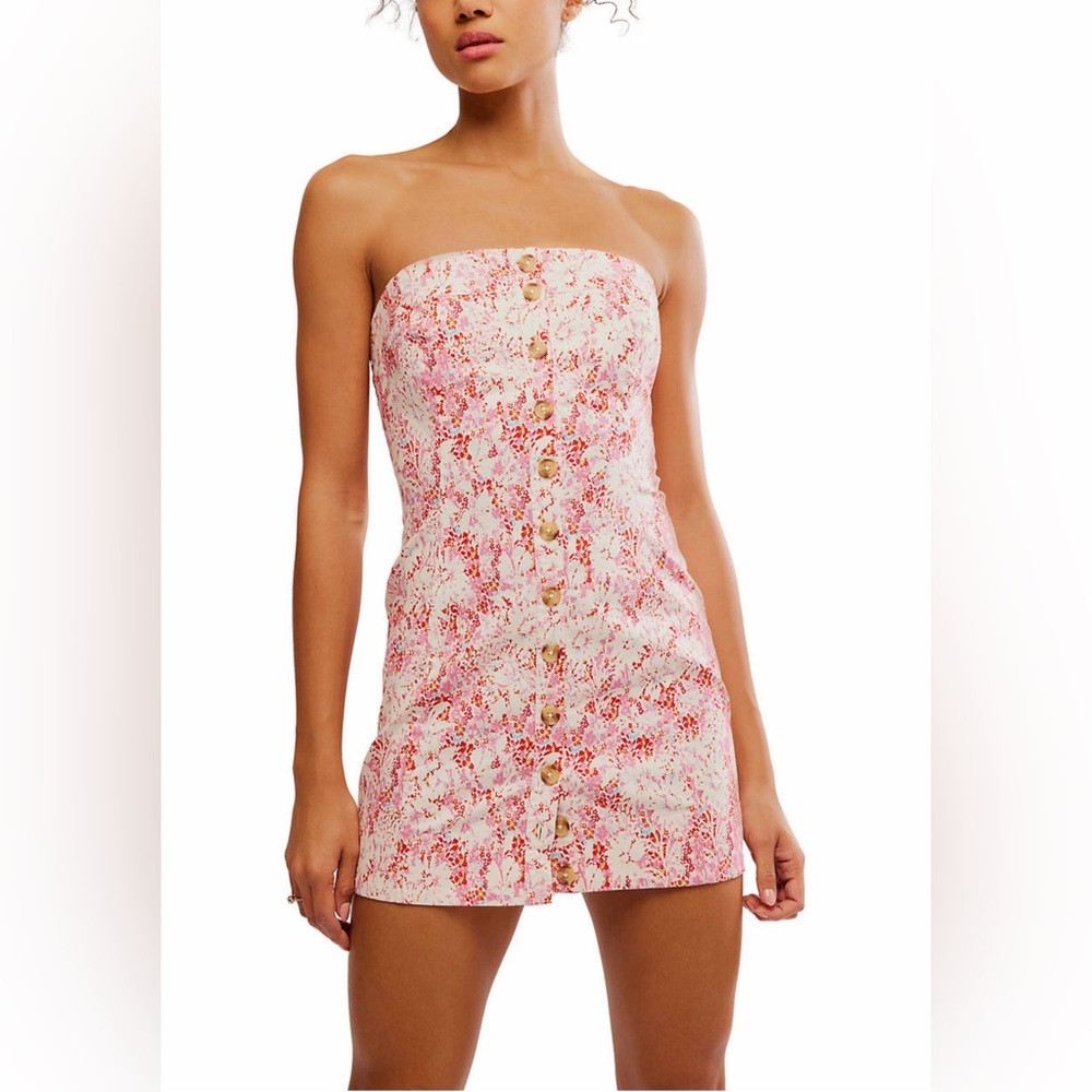 Free People Size L Tomas Strapless Button Front Mini Dress Pink Cottage Core NWT